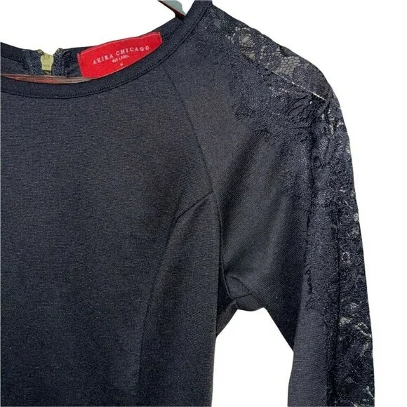 AKIRA Red Label Chicago Black Lace Peplum Back Zip Blouse Shirt Size Medium - Picture 2 of 6